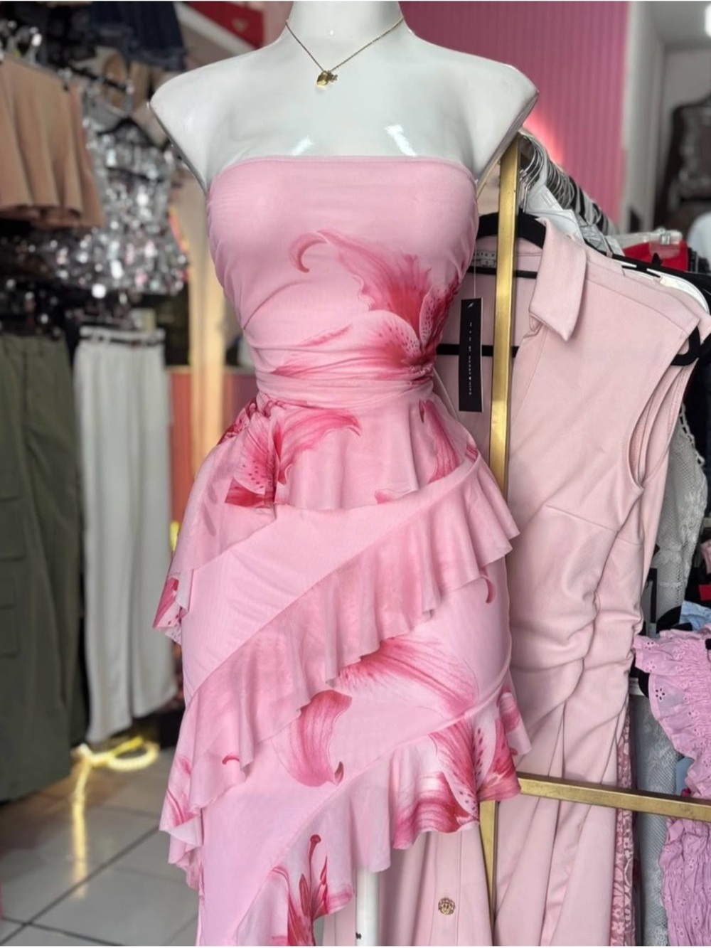 Heart & Hips Strapless Pink Floral Ruffle Dress